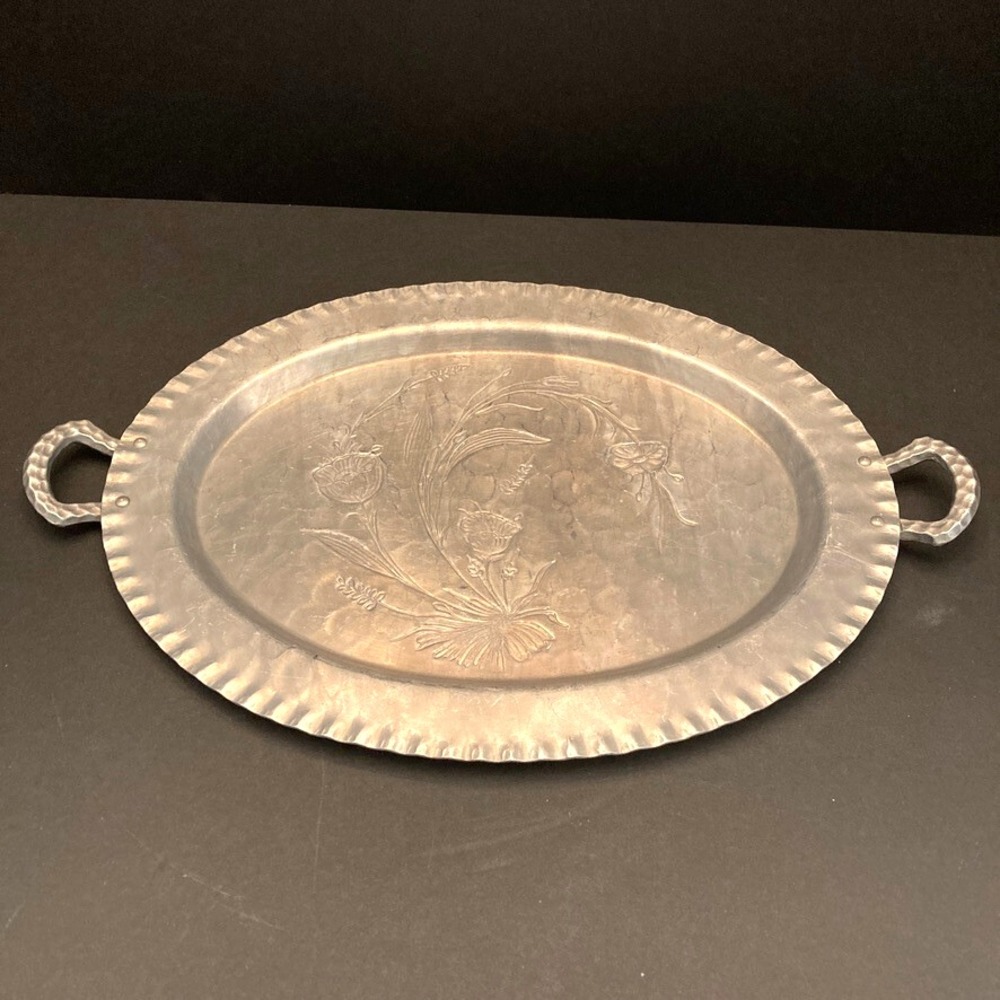 VTG Everlast Alumninum Tray 17.5" x 11" Hand Forged‎ Poppies Flowers Handles